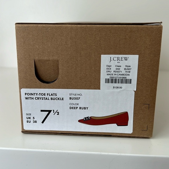 J Crew Pointy Toe Crystal Buckle Holiday Deep Ruby Red Flat Shoe Size 7 1/2 - Picture 4 of 5